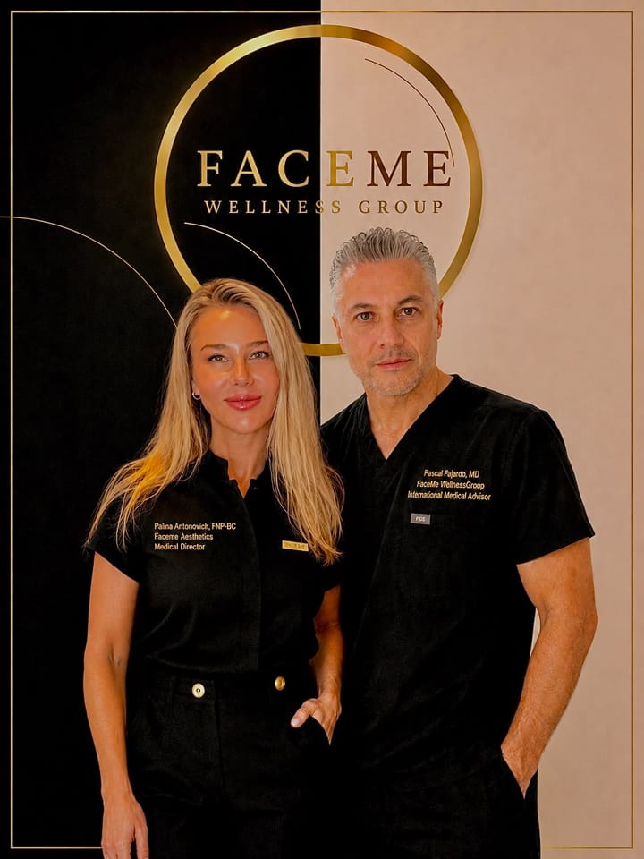 Palina Antonovich and Pascal Fajardo, founders of FaceMe, in front of the Wellness Group mark