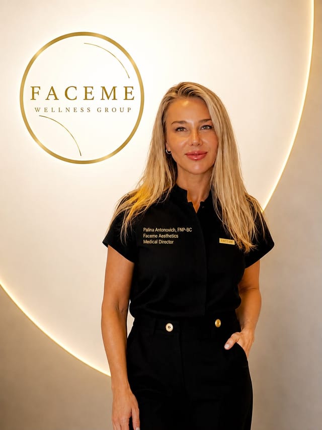 Palina Antonovich, FNP-BC, in front of the FaceMe Wellness Group mark